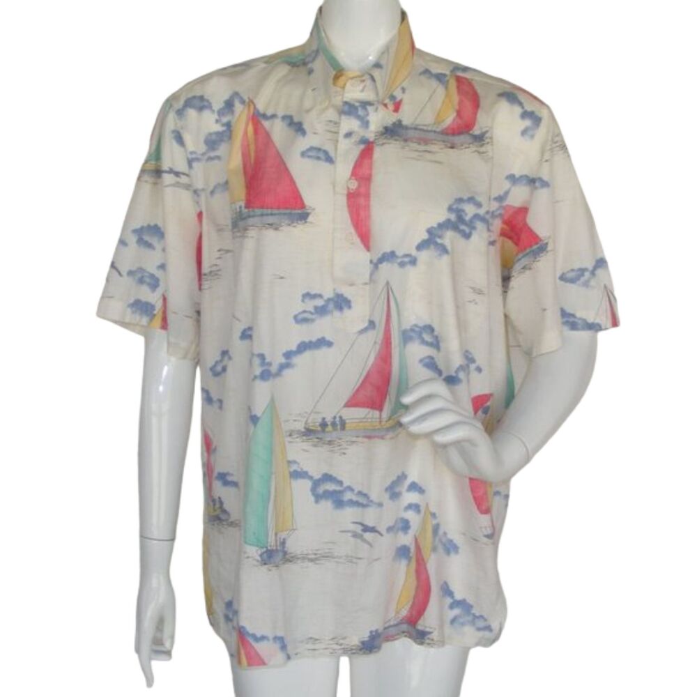 REYN SPOONER Pullover Shirt L Vintage, Sailboats, Cotton, Short sleeves, Pocket